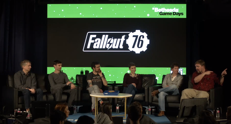 The Fallout 76 panel at Bethesda Game Days, from left to right: Chris Mayer (development director), Nate Purkeypile (senior artist), Sean Baptiste (influencer manager), Jess Finster (senior community manager), Todd Howard (executive producer), Ferret Baudoin (senior designer).